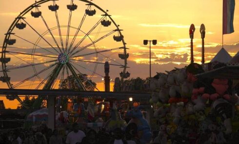 People at the fairgrounds near the Ferris wheel